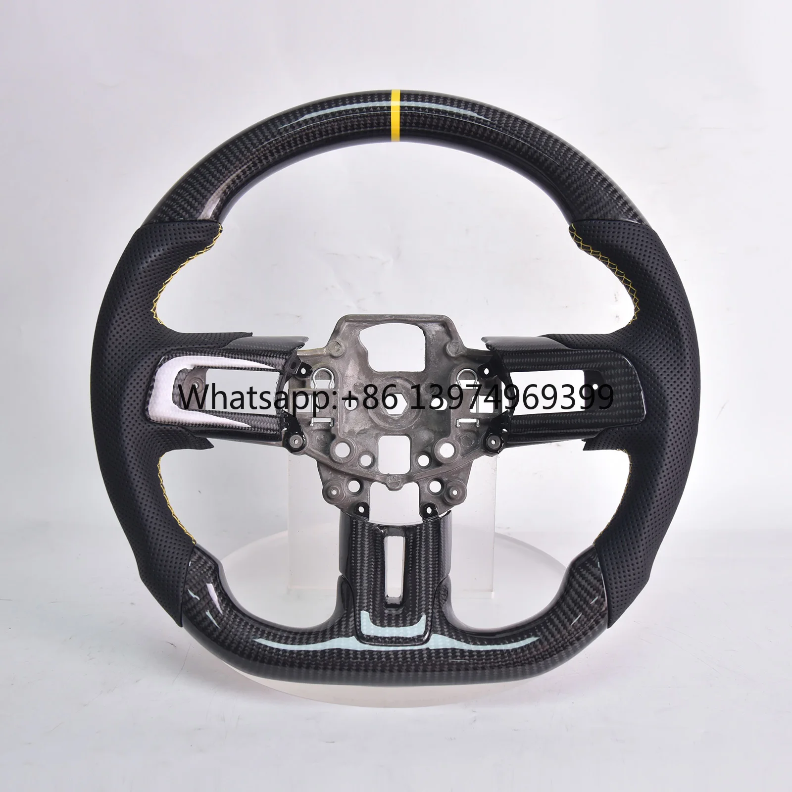 Carbon Fiber Steering Wheel for Ford Mustang GT/GT350/GT350R 2015-2017, D-shape Flat-bottom Nappa Leather Grip with Trim