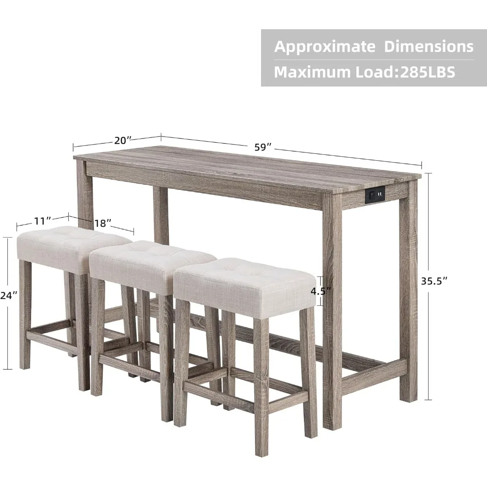 4 Piece Bar Table Set with Power Outlet,Industrial Breakfast Table with 3 Padded Stools Solid Wood Counter Height Dining Table