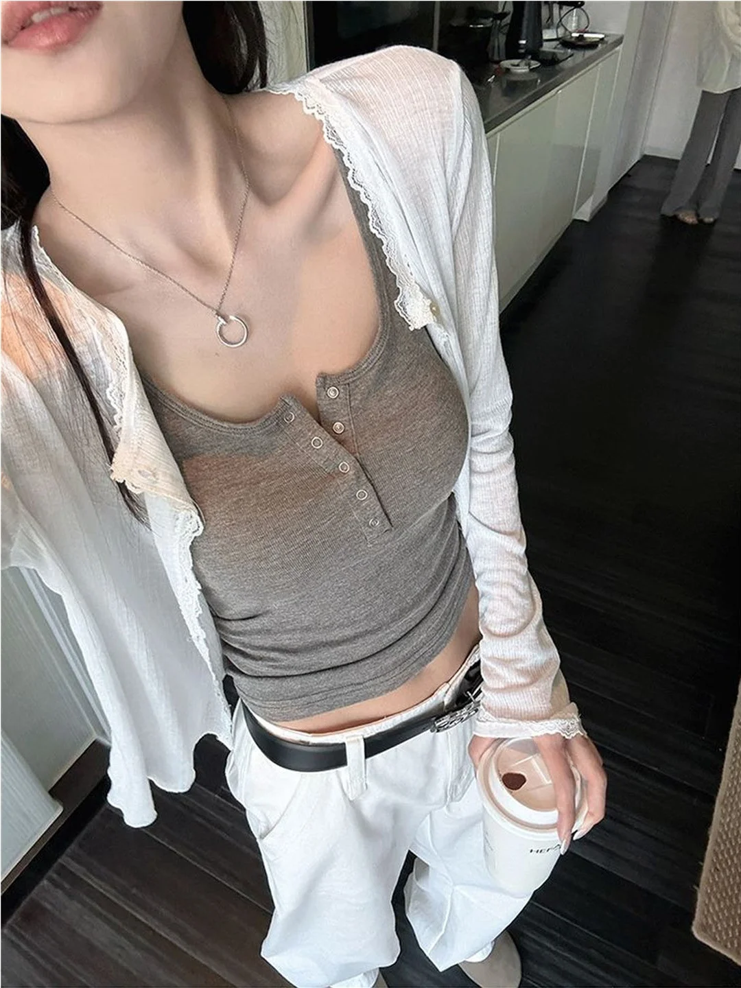 Light Blue Lace Splice Knitted Long Sleeve Women's Top Summer Design Sense Cardigan Sun Protection Outerwear V-neck Button