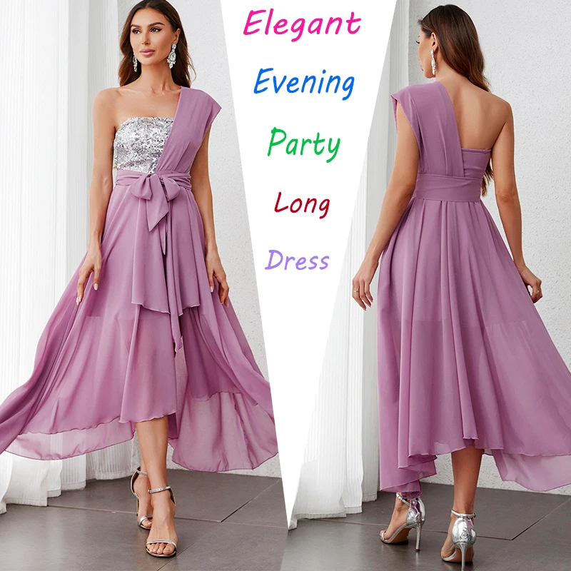 

Elegant Dresses for Women Sexy High Waist Contrast Sequins Asymmetrical Pleated Evening Party Long Irregular Dress Dress