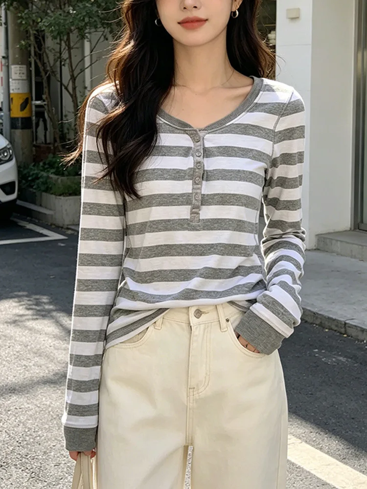 2000s American Retro style contrasting striped Elegant chic Round neck button Autumn new style Slim fit Long sleeve T-shirt tops