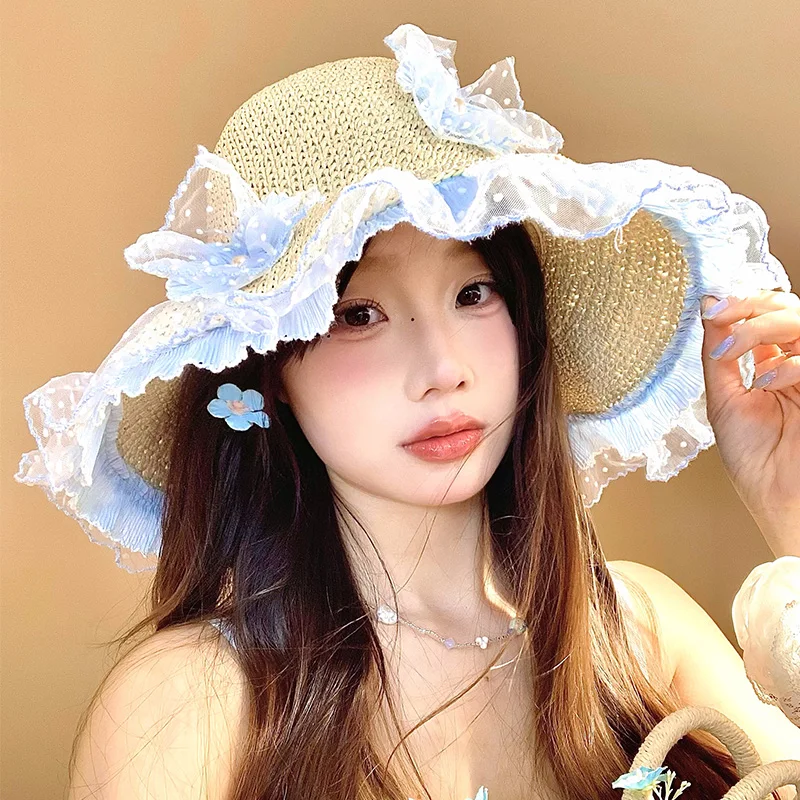 

Korean Version Sweet Flower Polka Dot Lace Edge Sun Hat Women's Summer Seaside Vacation Big Brim Sunshad Foldable Straw Cap