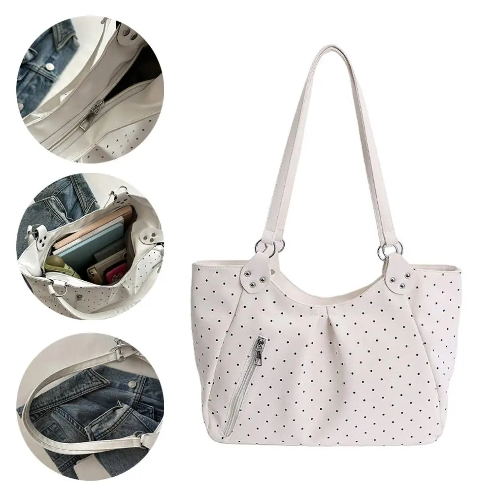 Damen-Umhängetasche, Vintage-Polka-Dot-Design, Pendler-Tragetasche, große Kapazität, PU-Leder-Handtasche, Unterarmtasche für Schule, Büro und den täglichen Gebrauch. – Detail 23