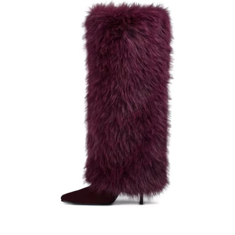 

Purplish Red Fluffy Boots Fringe Faux Fur Thigh High Boots Sky High Heel Pointy Toe Plush Dress Shoes
