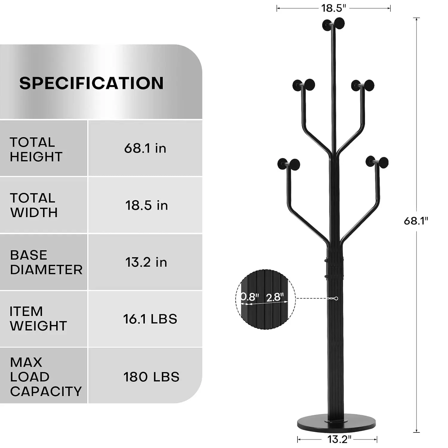 Coat Rack Freestanding Metal Coat Tree with 10 Hooks, Black | Heavy Duty Standing Coat Rack, Stainless Steel Marble, Customized view 2