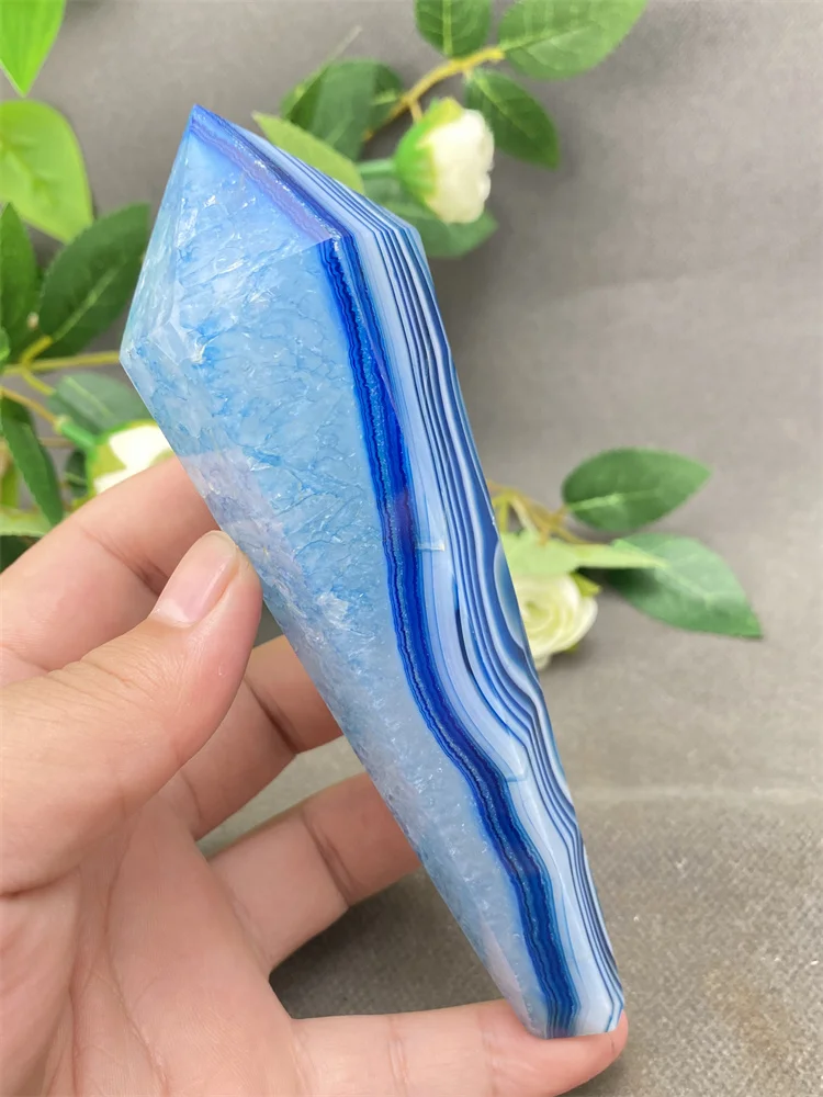 Natural Blue Agate Single Point Hexagonal Prism Crystal Tower Gemstone Mineral Crystal Rod Home Decoration Gift