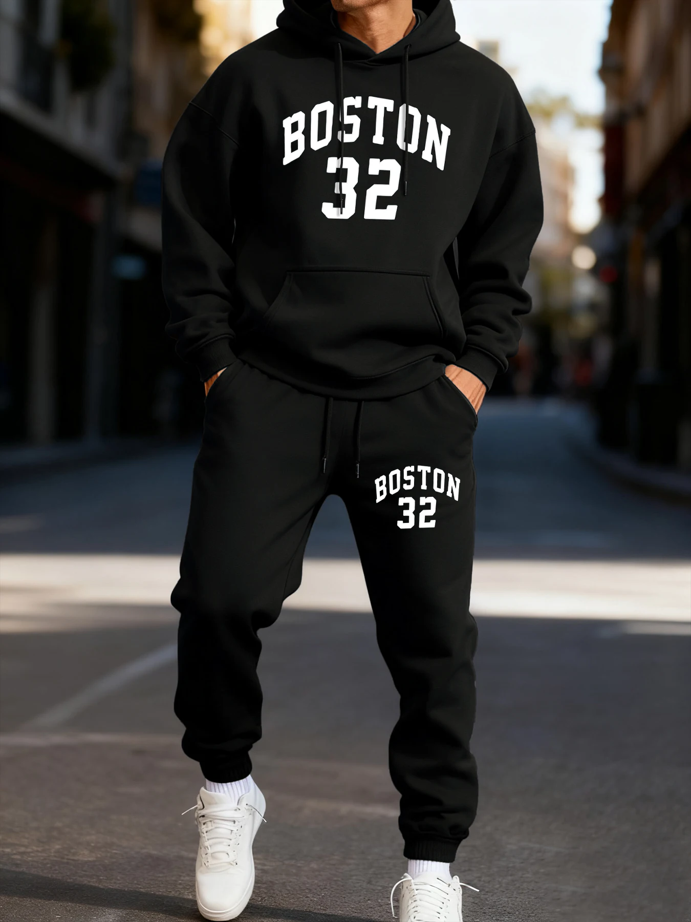 Boston Number 32 Print Mens Hoodie Set Loose Long-Length Two Pices Sets Fleece Comfortable Clothes Casual Winter Hoodies