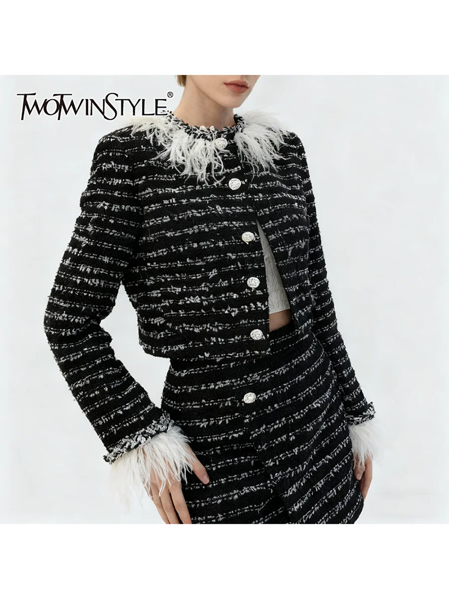 

TWOTWINSTYL Fashion Striped Spliced Feathers Two Piece Sets for Women O Neck Long Sleeves Coat High Waist Mini Skirt Set Female