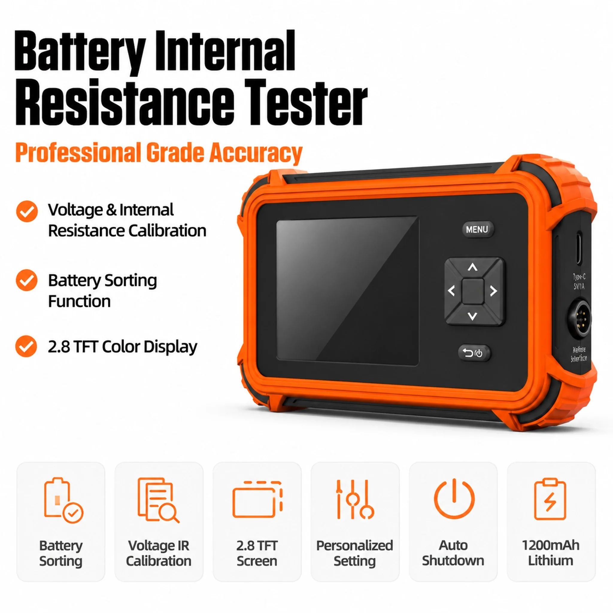 Battery Internal Resistance Tester, 0-100Ω/±110V 0.5% High Precision AC 4-Wire Kelvin Clip Meter, with 2.8" TFT Display Type-C