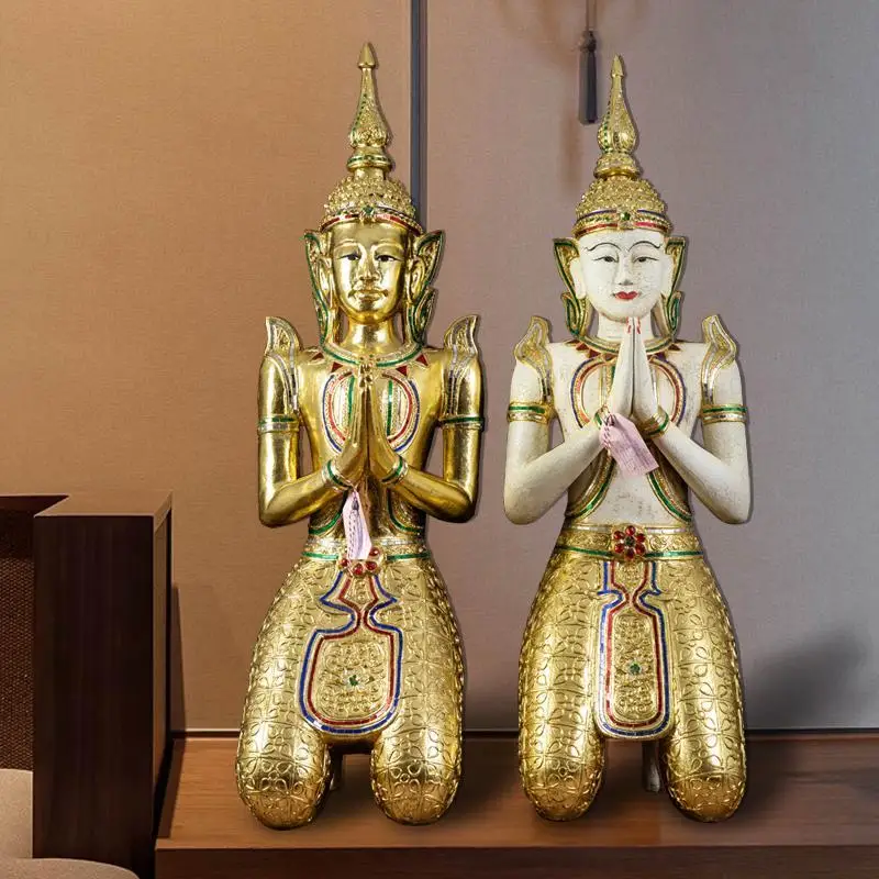 

Welcome figure statue Kneeling Buddha ornament Thai style hotel clubhouse wooden