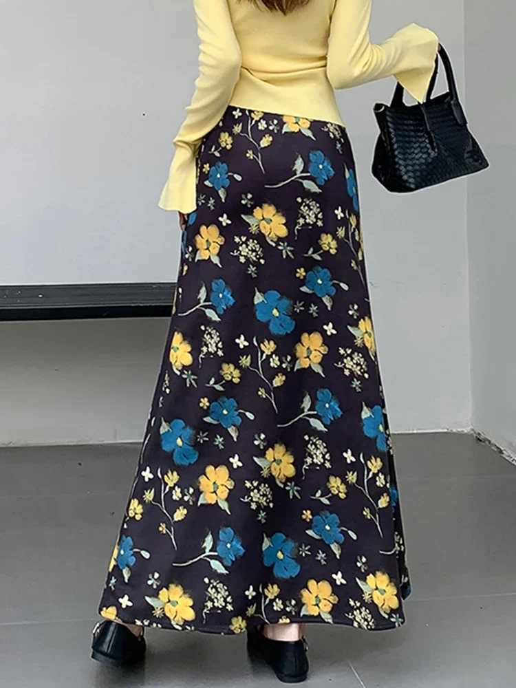 Zoki الأزهار الرجعية التنانير الطويلة النساء فو الجلد المدبوغ ضئيلة عالية الخصر Y2K تنورة الشارع الشهير خمر الأمريكية الخريف الشتاء حورية البحر التنانير