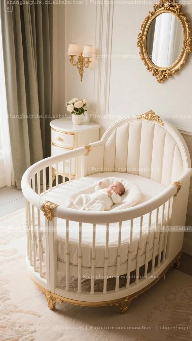 Royal baby cot Round, Princess Style, Luxurious Hand-carved, French Retro, Custom-made Wooden Oval Design