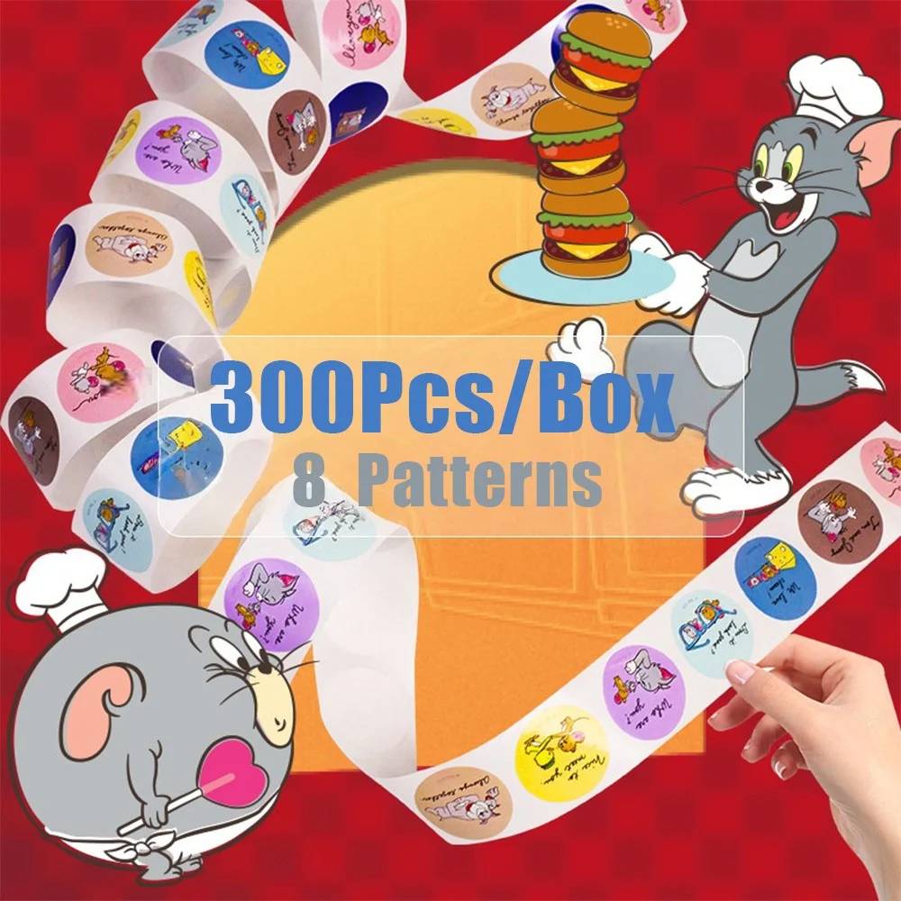 Tom and Jerry Round Sticker Roll Genuine Paper Decorative Labels 300PCS for Planner Scrapbook Packaging Envelope Decoration