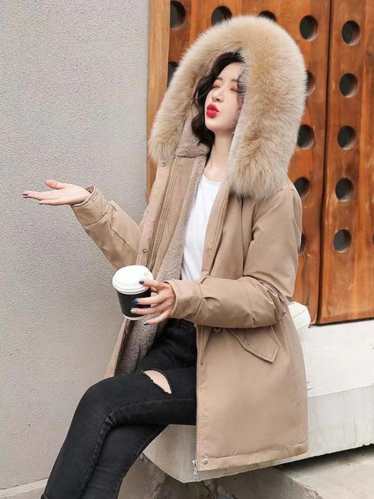 

Premium Winter Parka 2025 Women's Fitted Waist Slimming Mid Length Korean Style Thickened Coat with Fur Collar for Petite