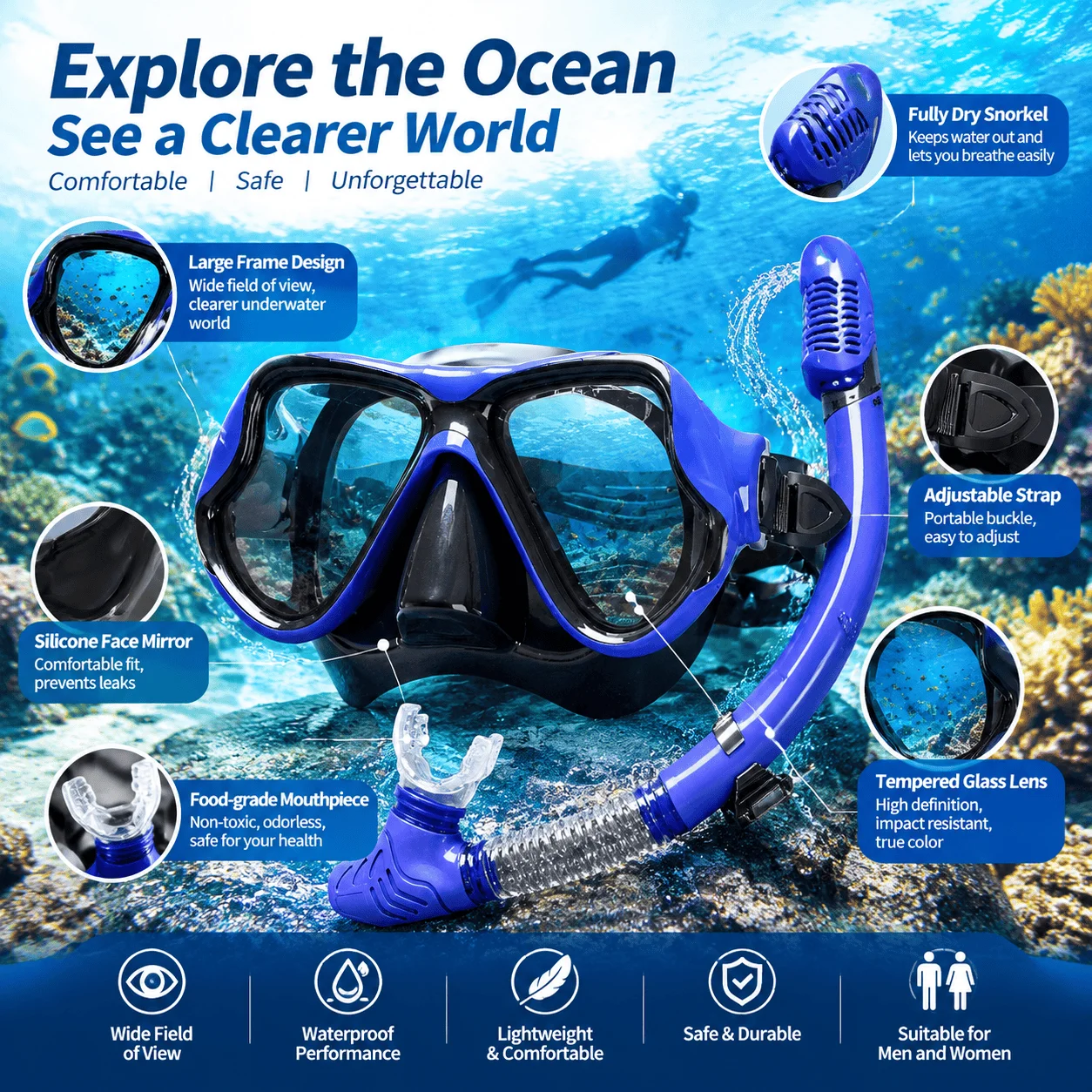 Snorkeling Snorkeling Gear Set with Diving Mask and Dry Top Snorkel, Large Frame Silicone Skirt, Anti Fog Tempered Glass Lens, Splash Guard Mouthpiece, Adjustable Strap for Swimming Pool Beach Scuba Diving Underwater Water Sports Travel Equipment for Adults - Aliexpress Deal