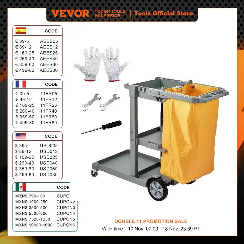 VEVOR Cleaning Cart 3-Shelf Commercial Janitorial Cart 200lbs Capacity with 25 Gallon PVC Bag for Office Hotel Airport Apartment