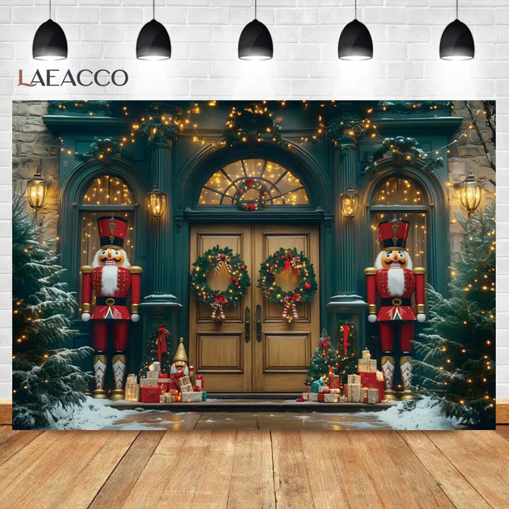 Feliz Navidad fotografía telón de fondo Cascanueces rojo soldado castillo corona árbol de Navidad regalos fondo decoración de fiesta familiar
