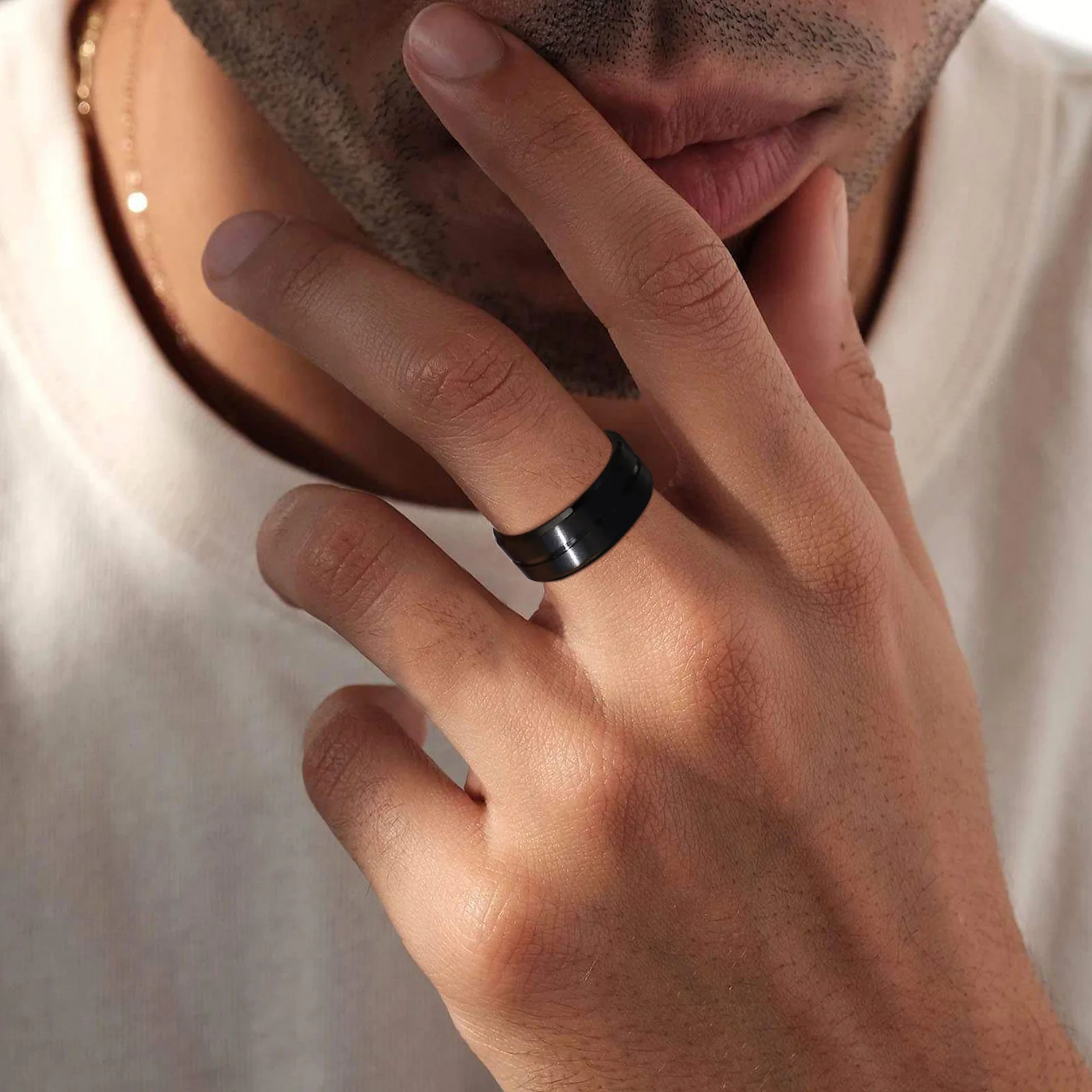 Vnox 8mm Black Men Ring, Black Grooved Stainless Steel Finger Band, Basic Male Boy Wedding Rings, Classic Jewelry