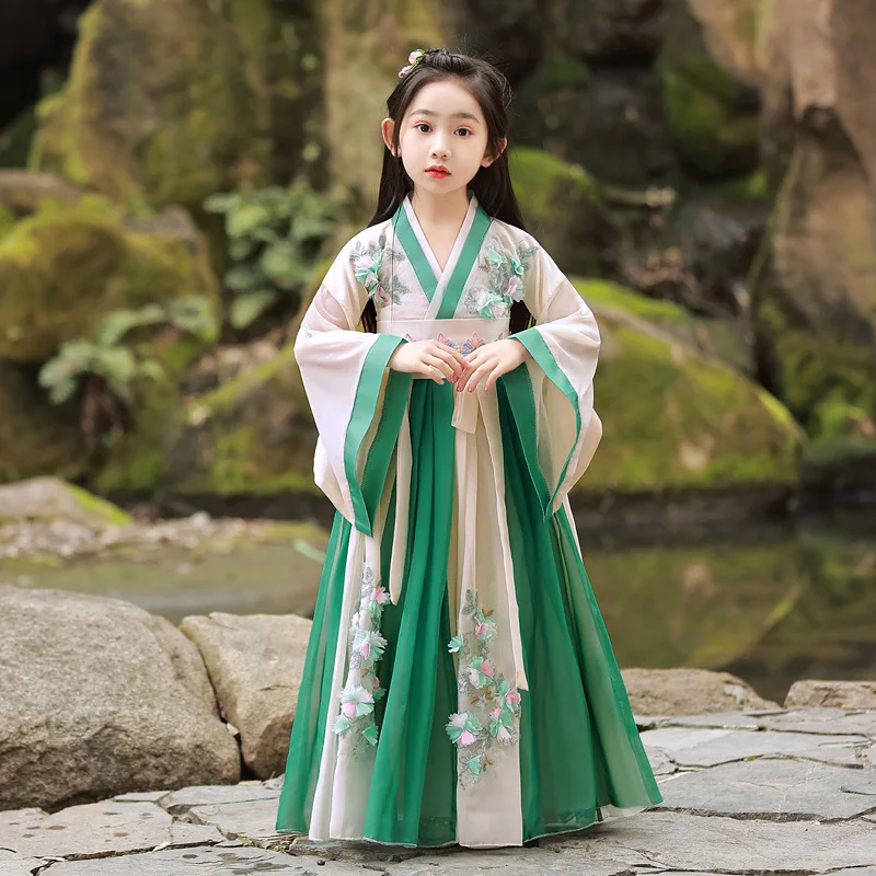 

Girls Fairy Ancient Hanfu Chinese Traditional Tang Dynasty Princess Dance Cosplay Costumes Stage Applique Dress