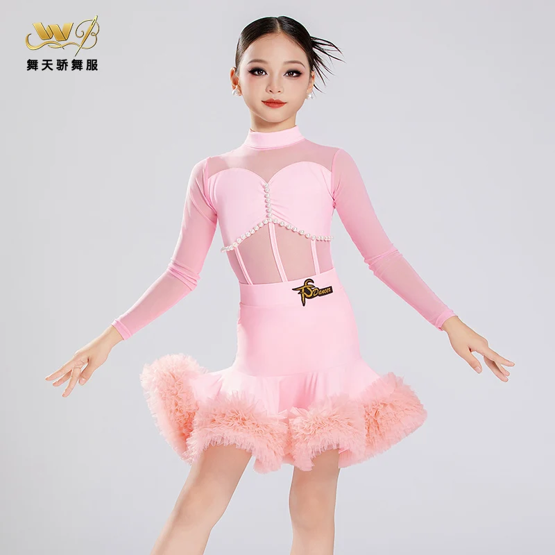 

New lace Latin dance costume for children and girls, high-end practice performance outfit, long sleeved set
