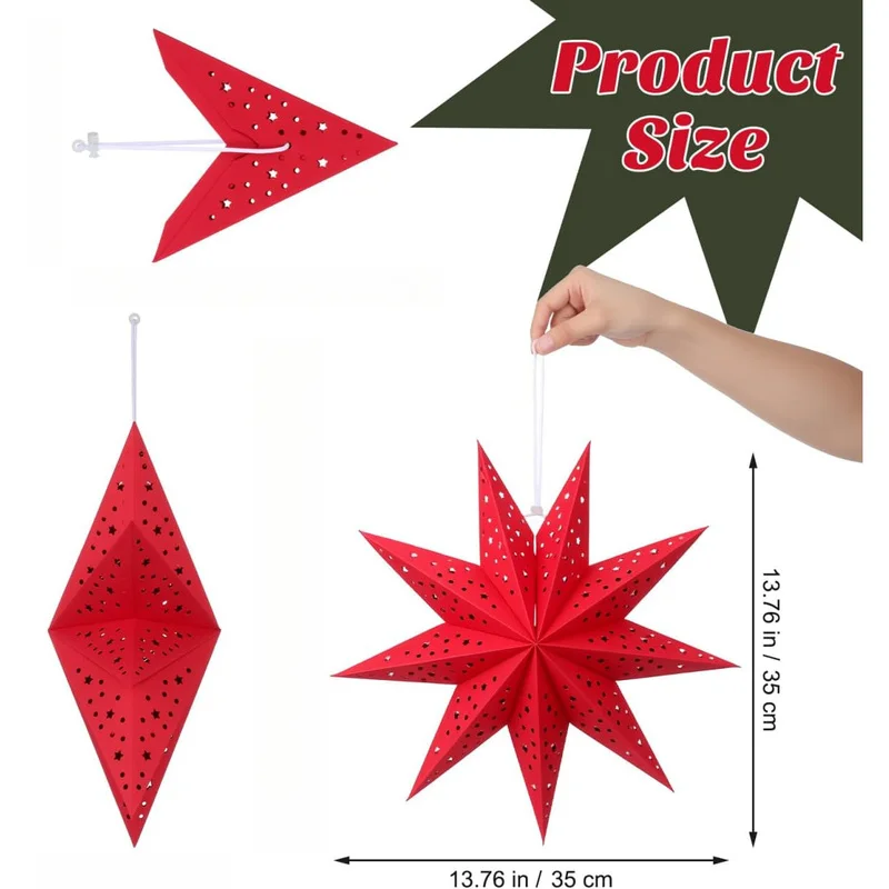 Foldable Red White Paper Star Lantern 9 Pointed Hanging Lampshade For Christmas Wedding Holiday Party Home Decor Core keywords：
