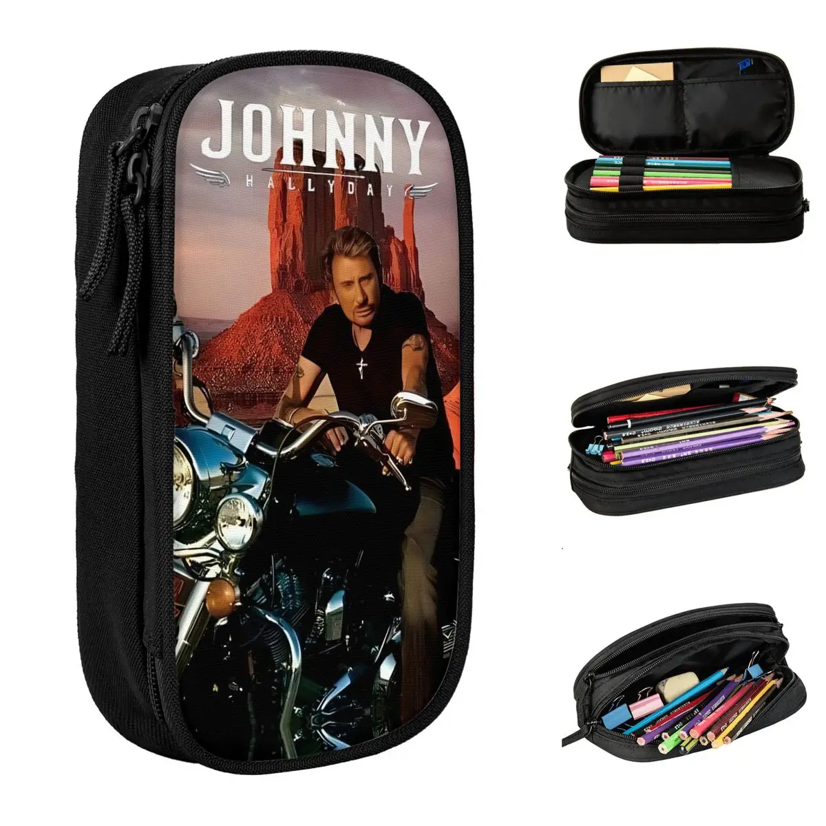 Johnny Hallyday Pencil Cases Lovely Rock Star French Singer Pen Box Bag Kids Big Capacity School Supplies Cosmetic Pencil Pouch