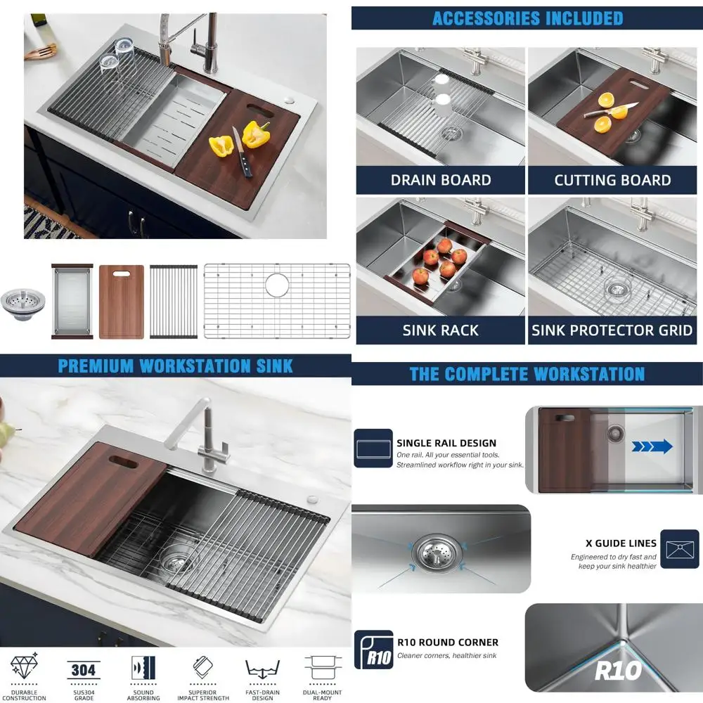 

Modern 33 Single Bowl Undermount Kitchen Sink - 33x22 Stainless Steel Workstation Sink with Deep Basin