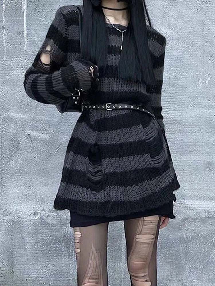 Y2K Punk Striped Sweater Women Harajuku Gothic Hollow Out Long Knitted Pullovers Ladies Oversized Hole Broken Streetwear Jumpers