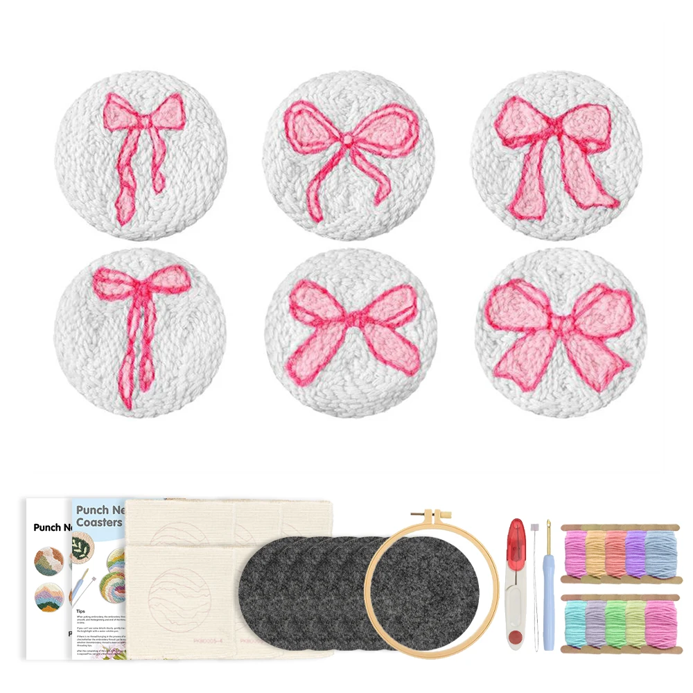 

6PCS/set Pink bow tie Punch Needle Coaster Set For Beginner DIY Craft Embroidery Needle Kits Sewing Art Home Decor For Gift