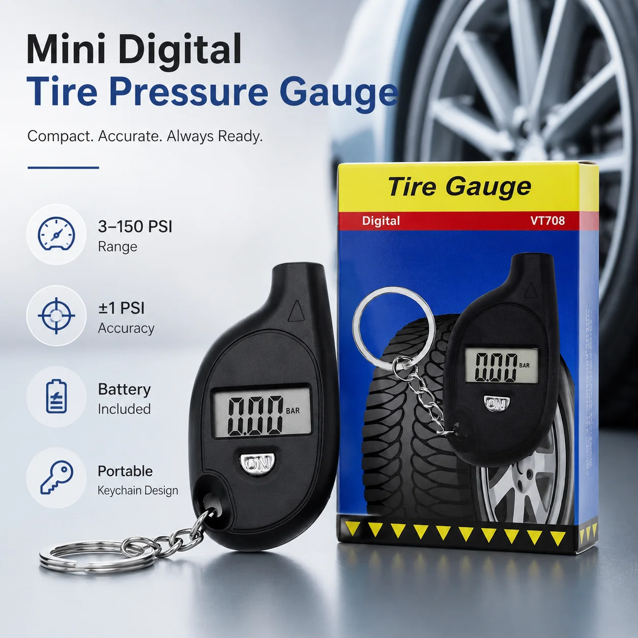 Tyre Pressure Gauge - Mini Digital Tire Pressure Gauge, 3-150