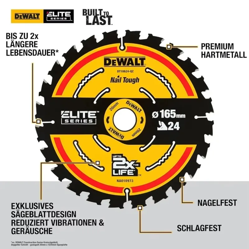 DEWALT Lame de scie à bois 24T 165 mm × 20 mm, accessoire de scie circulaire de construction DT10624-A9, durable
