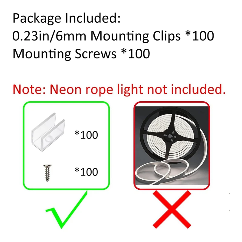 Neon Rope Light Mounting Brackets, 100PCS Neon Lights Install Fixing Clips Accessories For 6X12mm LED Neon Flex Strip