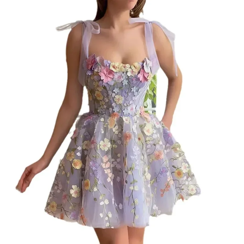 Marke Designer Abend Prom Urlaub Kleid Für Frauen Formelle Anlässe 3D Blume Stickerei Straps Bogen Sexy Tüll Sling Vestidos