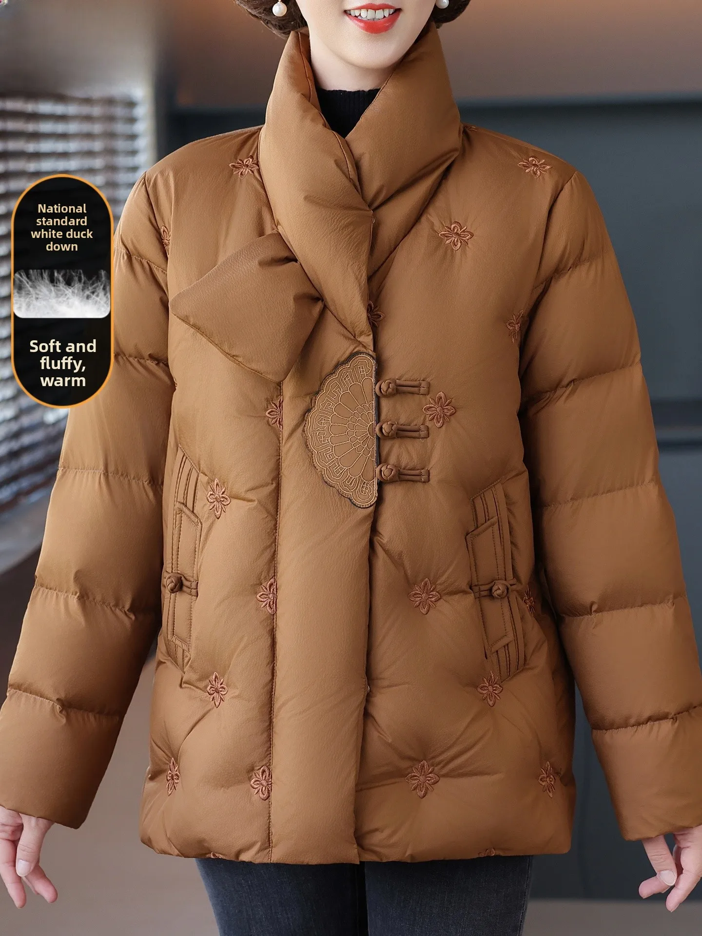 

Warmth Mom down Jaet Women's Winter Faion Stand Size Loose Fit Embroidery Detail Non-Hooded Polyester Fiber 95% down F...