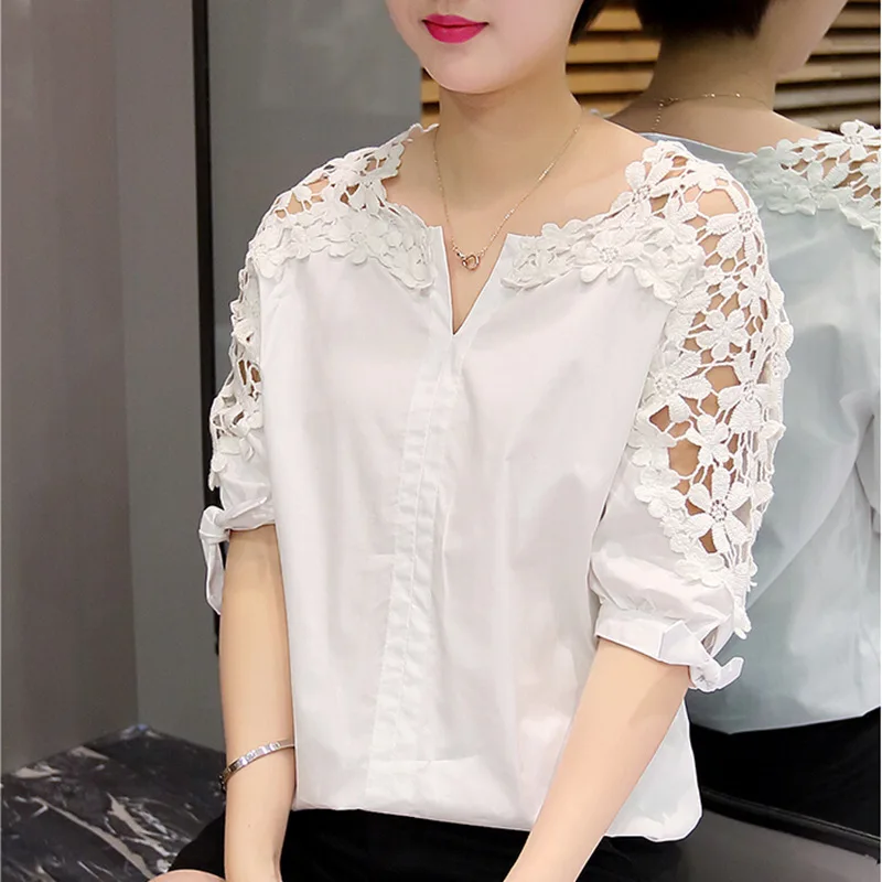 Blouse Women 2025 Casual Summer New off-the-shoulder Shirt Loose Loose Lace Top Shirt Flower Hollow Out Clothing