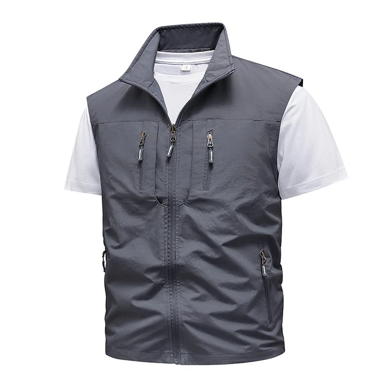 

Men's Spring Summer Thin Outdoor Multi Pocket Vest Solid Color Casual Workwear Stand Collar Fashion Vest