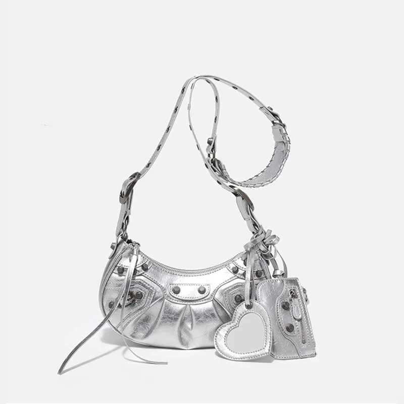 Dolly Bags New Fashion Maillard Style Shoulder Bag Vintage Leather Spicy Girl Y2K Armpit Bag Rivet Belt Trendy Saddle Bag