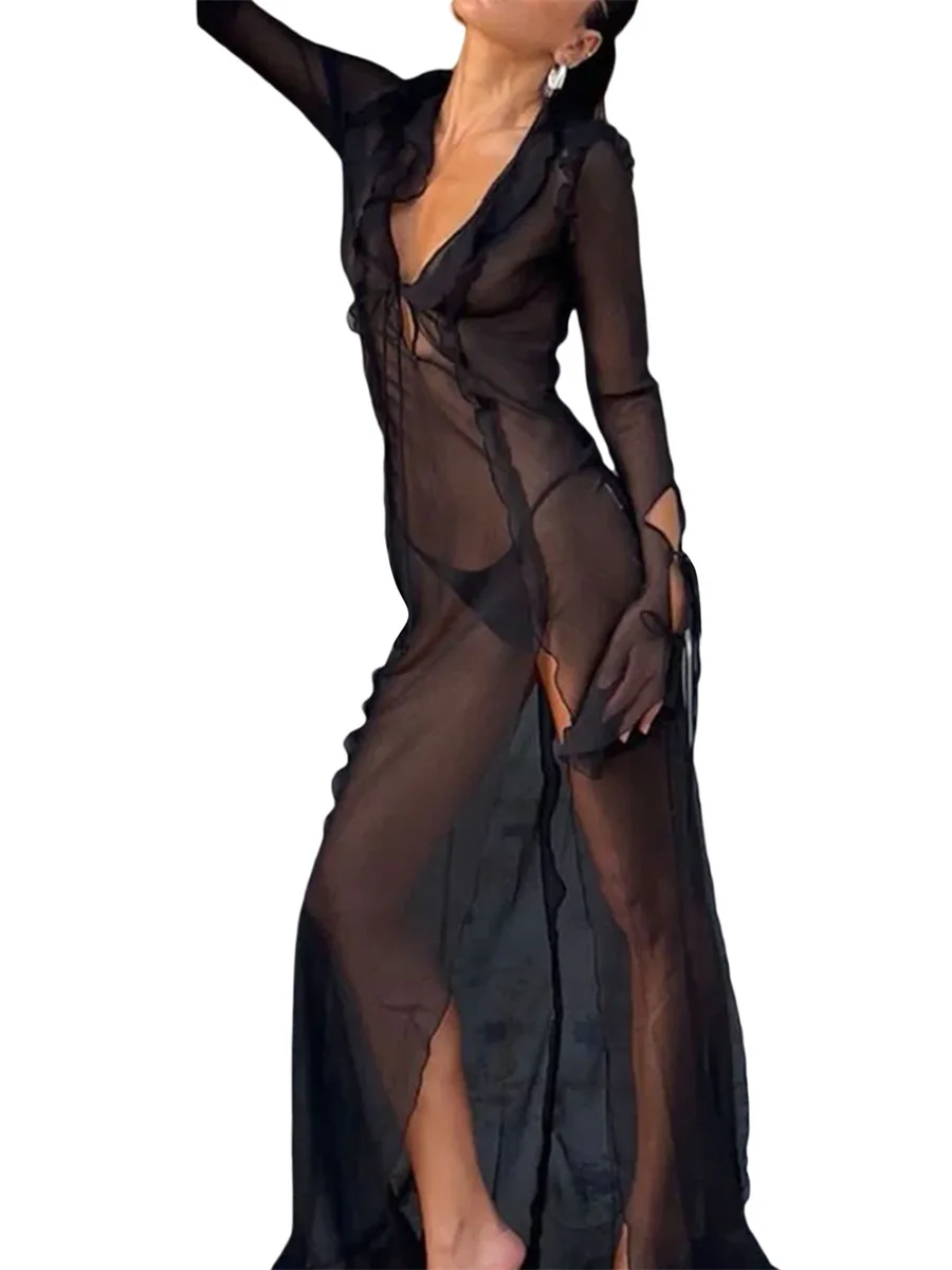 Feminino y2k sexy sheer mesh ver através de vestido longo gothtic manga comprida bodycon vestido v pescoço laço frente lado split vestido