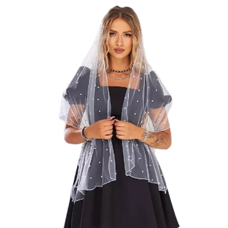 Bufanda velos malla transparente decorada con perlas románticas para mujer, chal tul ligero para vestidos noche,