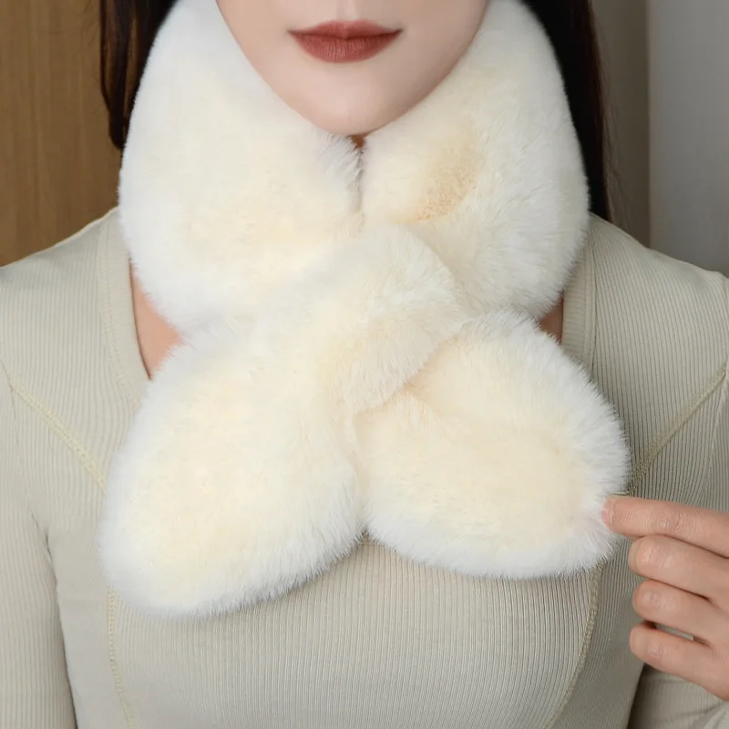 Korean Solid Double Sided Imitation Rabbit Fur Plush Scarf Winter Warm Outdoor Neck Protection Thicken Windproof Women\'s Bib