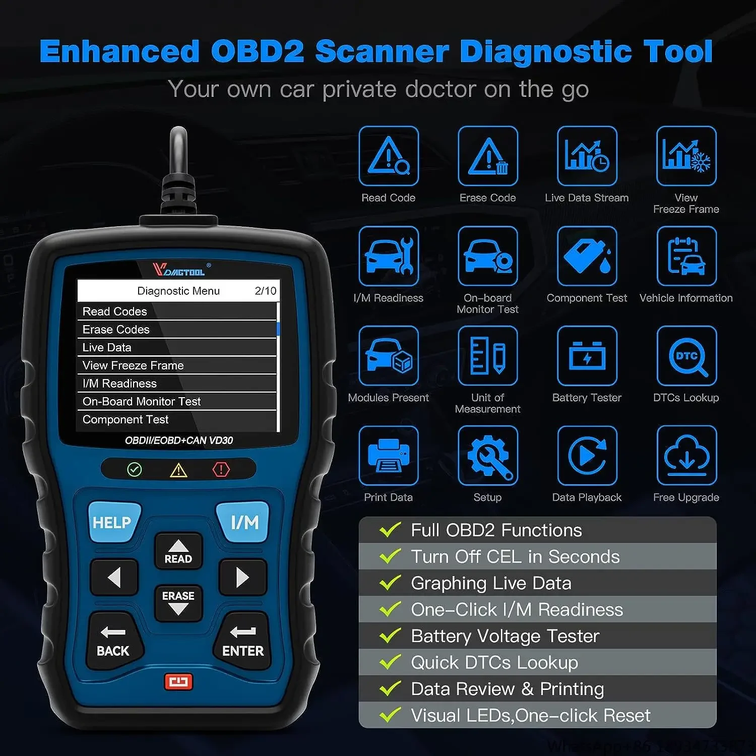 VDIAGTOOL VD30 EOBD/OBD2 Scanner DTCs Lookup Battery Voltage Test Data Review Printing OBD2 Code Reader for All Cars