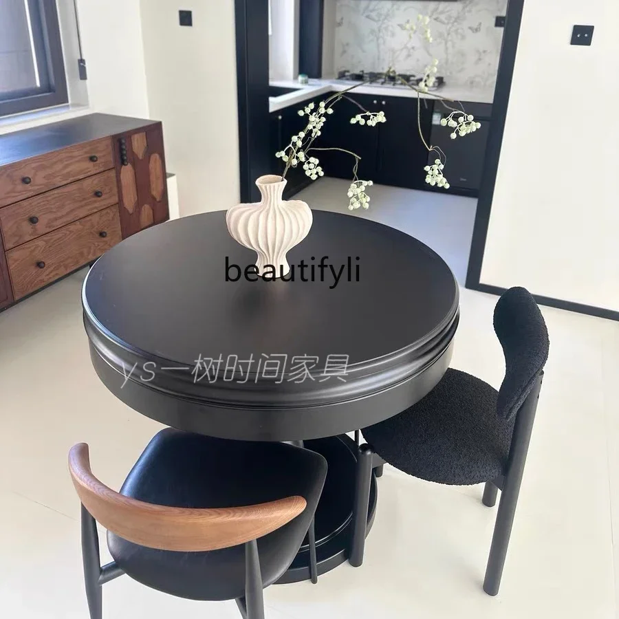 French retro telescopic deformation round table new round solid wood dining table with turntable