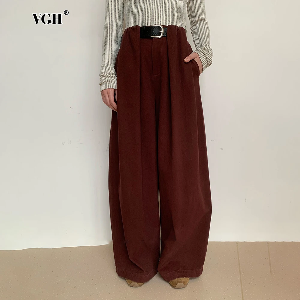 VGH Streetwear Solid Spliced Sashes Loose Pants For Women High Wiast Patchwork Pockets Straight Trouser Female Fashion Style New