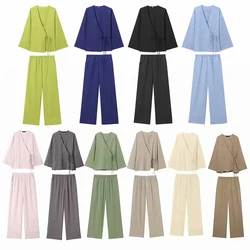 Conjunto de terno de duas peças estilo quimono feminino, blusa, top, jaqueta, pijama com cordões, calça larga, casual, elegante, verão, novo, 2024