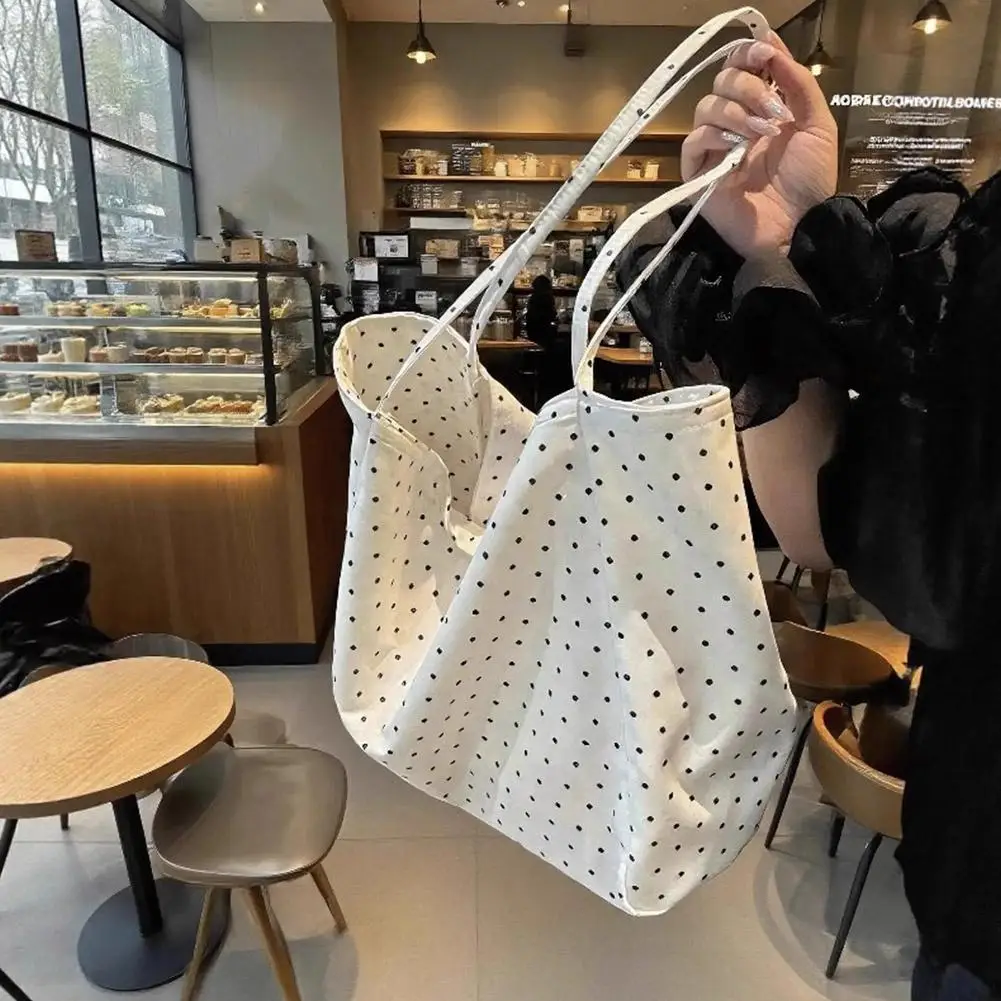 Polka Dot Canvas Tote Bag For Women Large Capacity Shoulder Bag Casual Travel Shopper Bag College Student School Bag