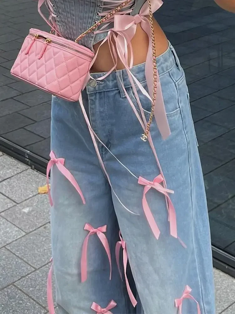 Designer Bow High Rise Women’s Jeans Wide Leg Denim Pants for Woman Washed Jeans with Pockets Baggy Denims Trousers
