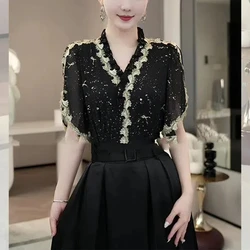 2024 Summer New Women's Pullover V-neck Spliced Sequined Lace Fashion Slim Minimalist Comfortable Casual Short Sleeved Tops