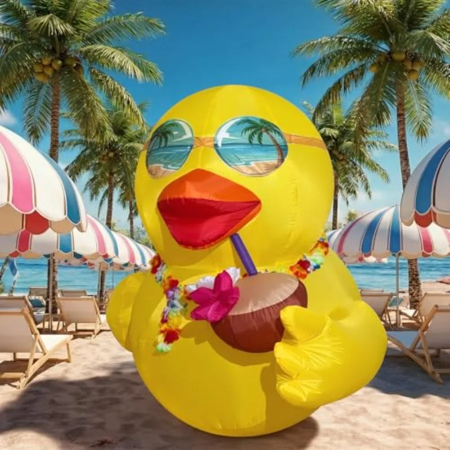 6 FT Inflatable Duck Luau Party Decorations, PVC material, yellow, waterproof and LED-lit for outdoor tropical pool parties