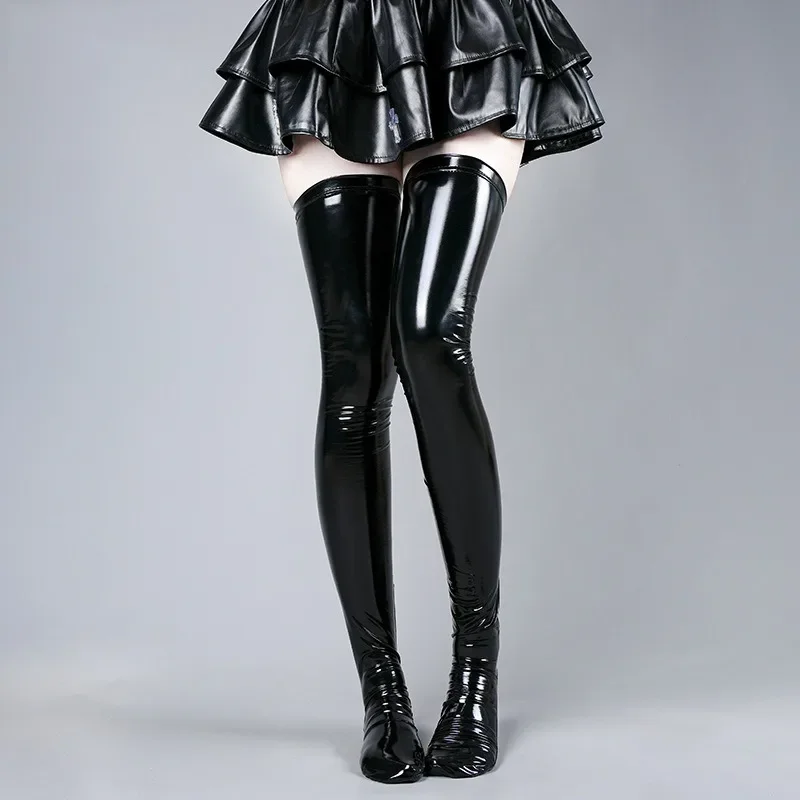 Damski strój, czarne, błyszczące skórzane pończochy za kolano, seksowna anime królowa Lolita, dziewczyna, cosplay, lateksowe podkolanówki, imprezowe ubranie klubowe.