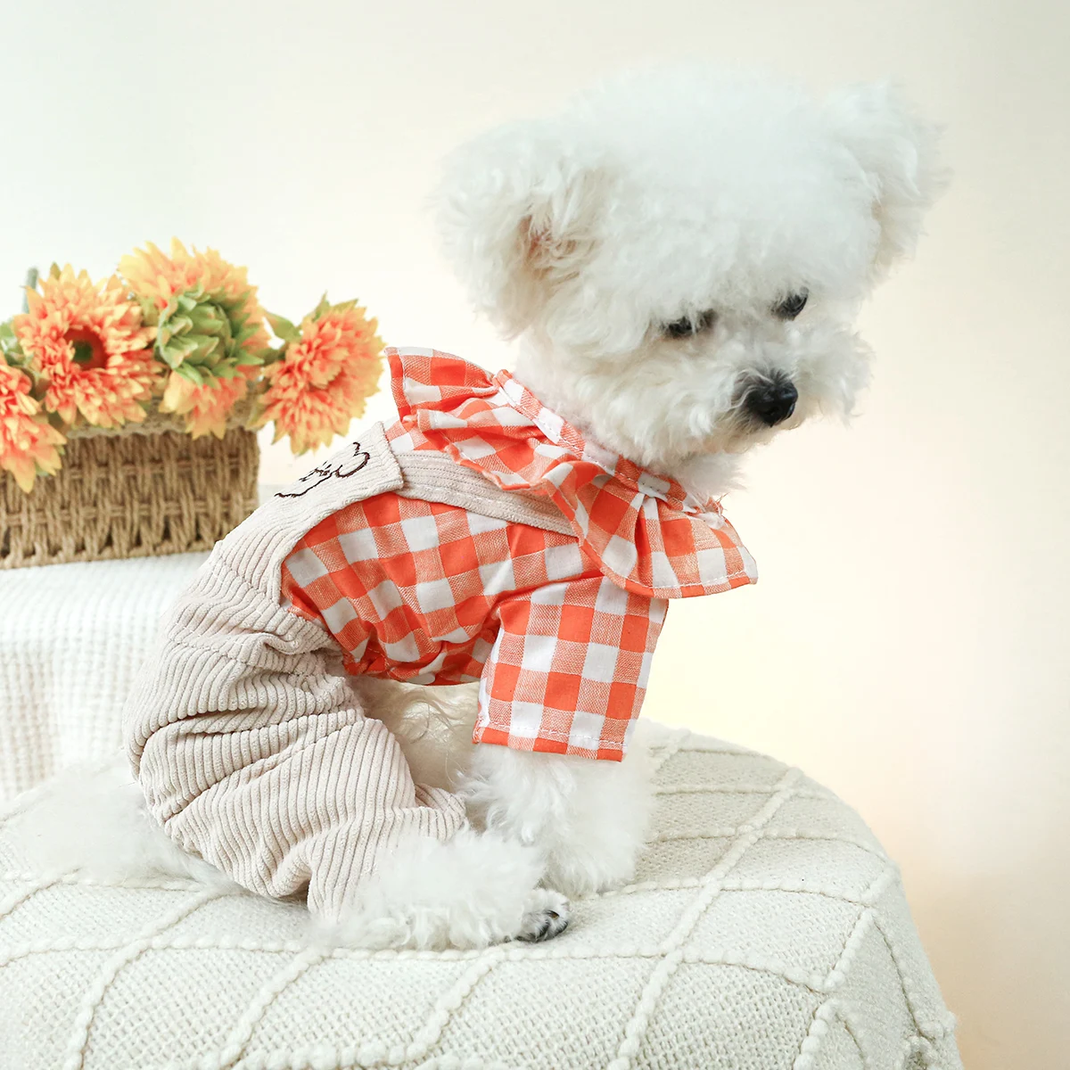 1PC Pet Clothes Cat Spring and Autumn Lotus Leaf Orange White Strap Pants Four legged Suitable for Small and Medium Dogs